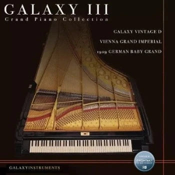 Galaxy III contains three grand pianos: the Vienna Grand (a powerful Bösendorfer Imperial), the 1929 German Baby Grand (a Vintage Blüthner baby grand), and the Vintage D (a legendary Steinway D).