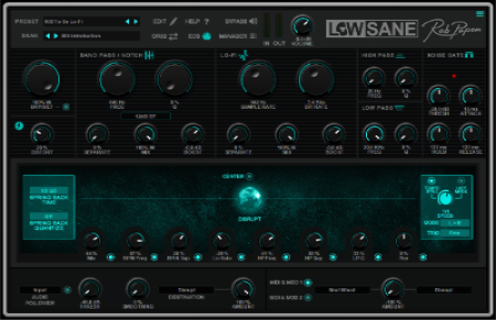 Well, LowSane adapts to this creative process and adds some additional creative options like the ‘Disrupt Sphere’ to this world of crushing down the digital bits! If offers in the audio route a Distortion module, Band Pass / Notch Filter, Lo-Fi section, Hi and low Pass Filters, and a Noise Gate. 