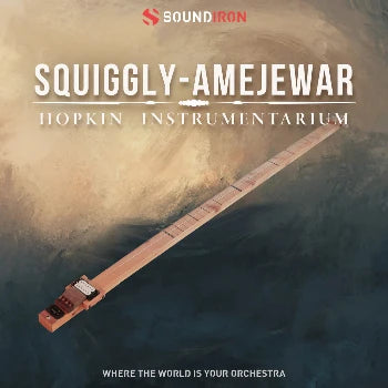 Squiggly-Amejewar is a custom wooden instrument with four strings and a buzzing bridge. This buzz effect works best with very long strings, and the strings on Squiggly are about seven feet long. They’re played with a flat-sided slide, making for a complex, varied and evolving sound.